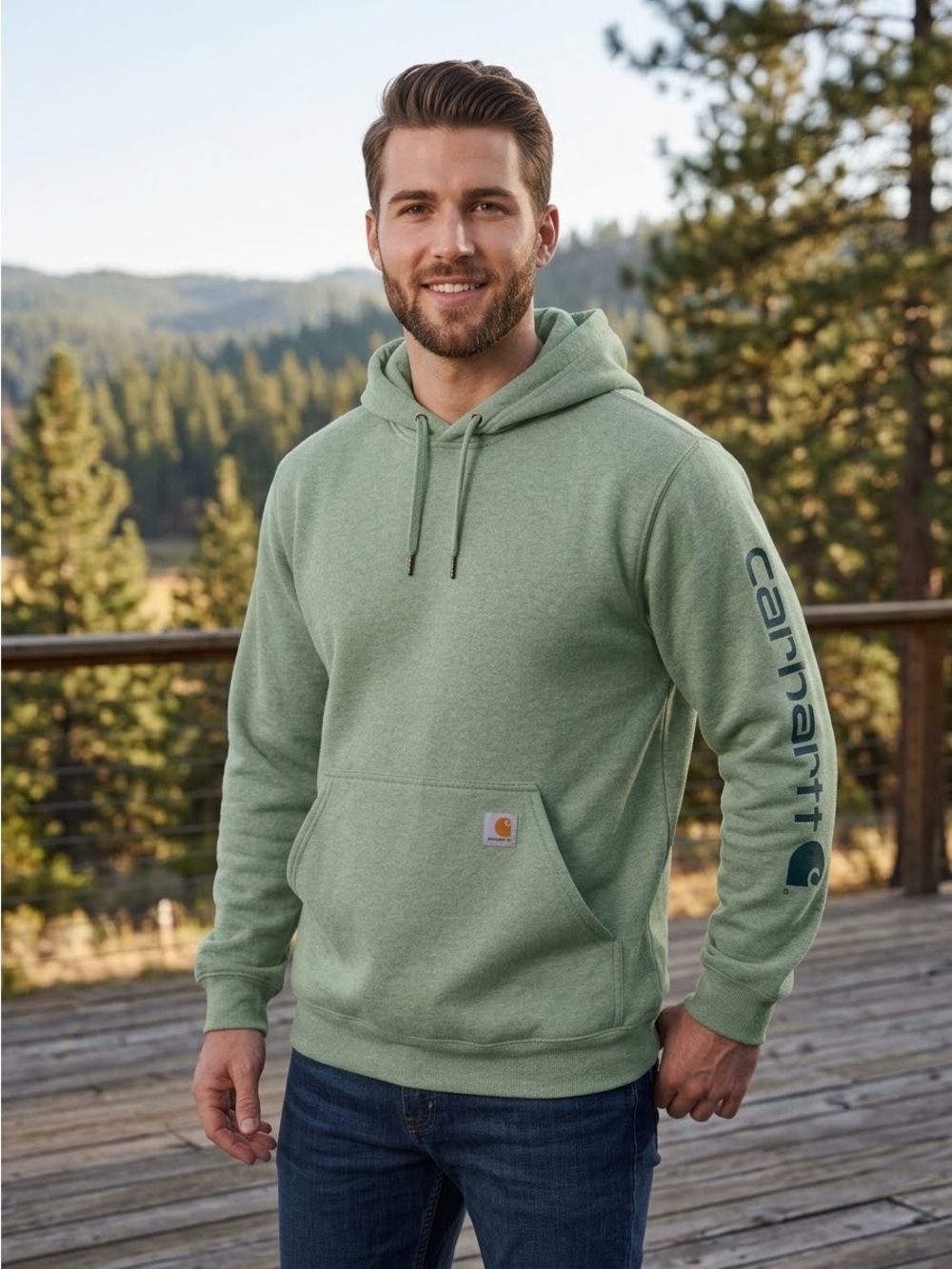 CARHARTT K288 Loose Fit Midweight Logo Sleeve Graphic Hoodie Sage Green 2XL